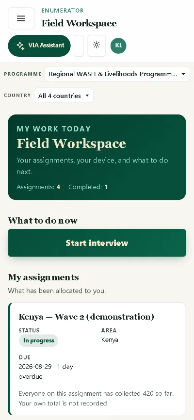The Enumerator Field Workspace on a phone screen, showing today’s assignment count and completed count, a "Start interview" action, and an assignment card for a demonstration wave in Kenya with its status, area and due date.